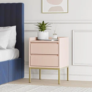 Bedside Table Pink with 2 Storage Drawers and Gold Metal Legs Modern Style - Picture 1 of 6