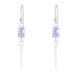 925 Sterling Silver Lavender Baguette CZ Zirconia Bar Dangle Drop Earrings Hook - Picture 1 of 2