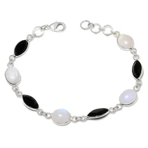 Moonstone & Spinel Gemstone Handmade 925 Sterling Silver Bracelet Sz 7-8" - Picture 1 of 2