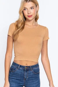 Dreamkue Short Sleeve Crew Neck Rib Crop Top - CLEARANCE - Picture 1 of 7