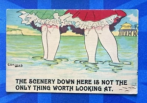 Saucy Comicus Comic Postcard 1912 Women Legs Paddling THE SCENERY DOWN HERE - Picture 1 of 2