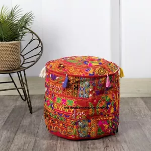 18" Indian Ottoman Pouf Cover Vintage Patchwork Cotton Ethnic Handmade Round Red - Picture 1 of 3