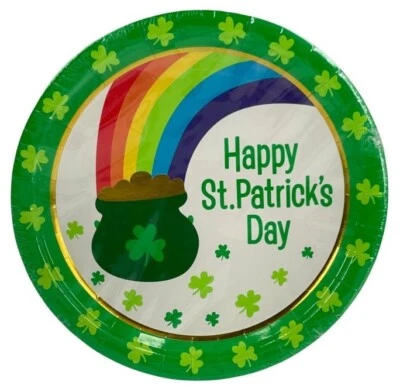 St Patrick's Day 10 ct 9" Paper Plates Green Shamrock Pot of Gold Rainbow - Image 1 of 2