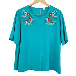 This & That Gr. L türkis Blumen bestickt Viskose Bluse kastig Top Boho Summe - Bild 1 von 9