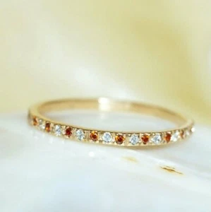 Garnet Diamond Ring Eternity Band 14k Gold Mandarin Spessartite Wedding Ring N54 - Picture 1 of 12