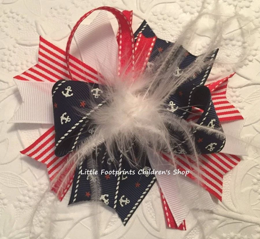 Red White Navy Nautical Anchor Feather Hair Bow 5" - Image 1 of 1