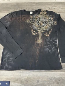 Vintage Y2K Brad Butter Skull Cross AOP Long Sleeve Thermal Black Shirt XL - Picture 1 of 6