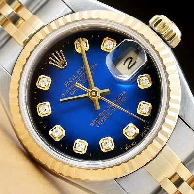 ROLEX LADIES DATEJUST BLUE VIGNETTE DIAMOND TWO TONE 18K YELLOW GOLD 69173 WATCH - Image 1 of 4
