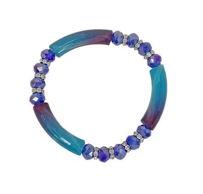 Blue and purple glass bead bracelet with crystal, multi color stretch bracelet  - Image 1 of 4