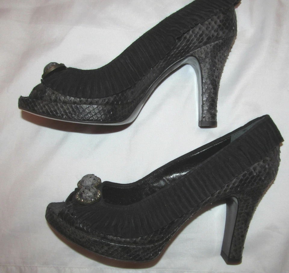 Zapatos de cuero ISABELLA FIORE con volantes de gamuza acento peep toe snaKe pitón 8 M *** Foto 1 de 1