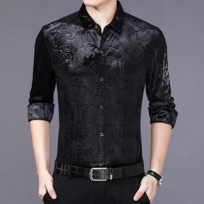 Men Velvet Shirt Casual Long Sleeve Pleuche Top Dragon Business Dress Thick Slim - Image 1 of 4