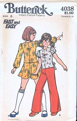 Butterick Sewing Pattern 4038 Top Flared Pants Skirt Girls Size 6 Puffed Sleeve - Image 1 of 4