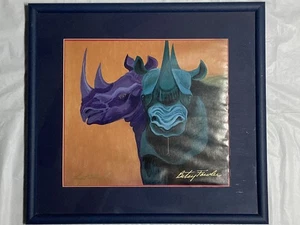 Vintage Signed Betsey Fowler Last Stand Rhino Framed Lithograph Print 16 X 15 in - Picture 1 of 9