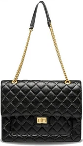 Women Quilted Black Faux Leather Handbag with Double Link Chain Straps - Picture 1 of 6