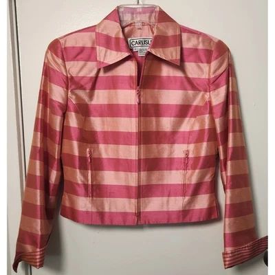 Carlisle Vtg 100% Silk Pink Peach Stripe Crop Jacket Flip Cuffs Zip Pockets Sz 4 - Image 1 of 4