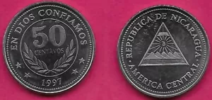 NICARAGUA 50 CENTAVOS 1997 UNC EMBLEMA NACIONAL, VALOR POR ENCIMA DE RAMITAS DENTRO DEL CÍRCULO - Imagen 1 de 1