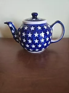 SCHÖNE Boleslawiec polnische Keramik Teekanne PATRIOTISCH blau mit weißen STERNEN - Bild 1 von 7