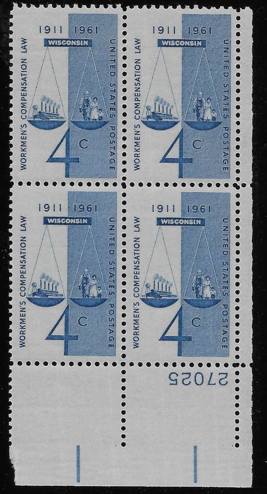 US Scott #1186, Plate Block #27025 1961 Workmen's Comp 4c FVF MNH Lower Right - Image 1 of 1