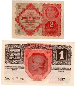 LOT 2 Billets Autriche HONGRIE AUSTRIA  1 KRONE 1916 & 2 KRONEN 1922 NEUF UNC - Imagen 1 de 2
