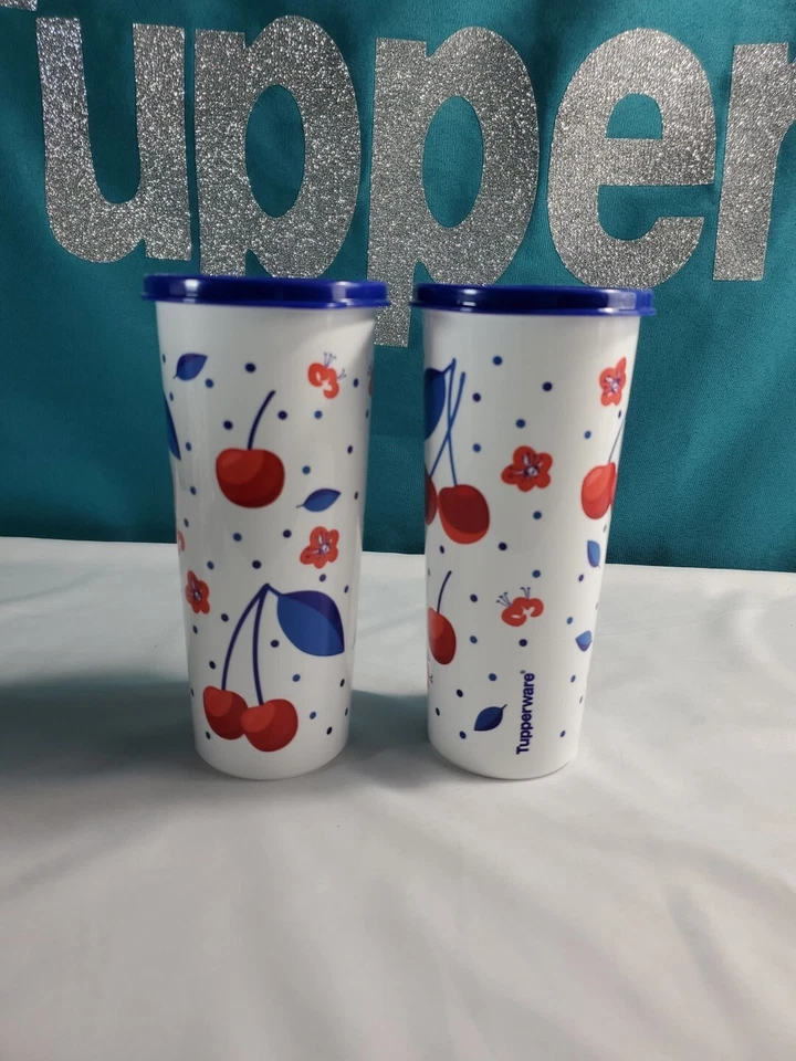 Tupperware Vaso 16oz Cerezas Rojo Blanco Azul Cereza Juego de 2 Vasos Foto 1 de 1