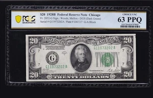 US 1928B $20 FRN Chicago DGS FR 2052-G PCGS 63 PPQ Ch CU (202) - Picture 1 of 2