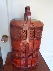 Vintage Chinese Woven Wood Carved Details 4 box Wedding Basket - Picture 1 of 11
