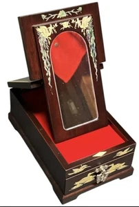 VINTAGE ASIAN FLIP UP MIRROR JEWELRY BOX INLAID MOTHER OF PEARL ROSEWOOD KOREAN - Picture 1 of 11