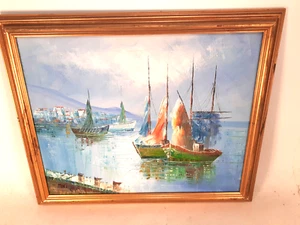Vintage Oil on Canvass, Impressionist Harbor Scene, Boats at Anchor Italy(?) - Picture 1 of 5