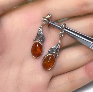 Amber Stud Earrings 925 sterling silver Art Nouveau Style- 3.5cm Drop - Picture 1 of 4