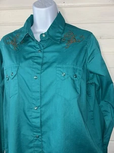 Camisa Wrangler Wrancher Talla GRANDE Verde Azulado Bordada Western Snap Usada en Excelente Condición - Imagen 1 de 12