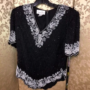 Laurence Kazar Abendtop schwarz weiß Perlen Größe Medium M - Bild 1 von 5