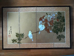 Vintage Japanese Hand Painted Four Panel Folding Screen Dove Bird Original Art - Picture 1 of 10