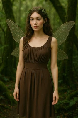 VTG 90s Y2K Brown Milkmaid Prairie Pleated Tie Back Midi Dress Fairy Grunge 14 - Image 1 of 4