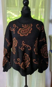VTG Index International Black Paisley Knit Turtle Neck Sweater Women's Large  - Picture 1 of 8