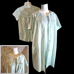 Vintage 60s 70s Sears Nightgown Robe & Shirt 3pc Set Blue Floral Lace Size S/M - Picture 1 of 10
