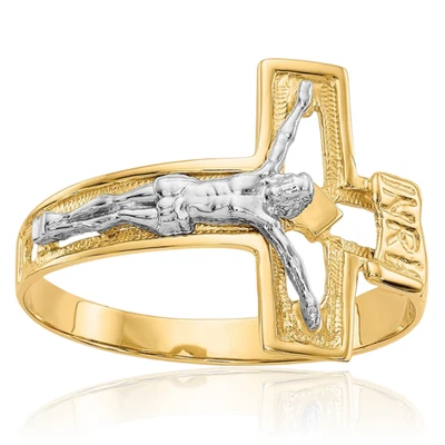14K Solid Two Tone Gold Jesus Crucifix Cross Mens Ring - Image 1 of 4