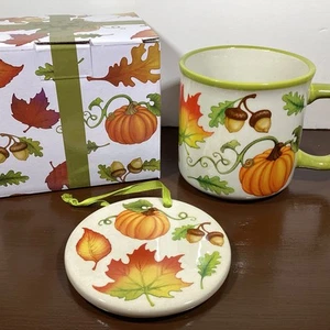Temptations 16oz Harvest Mug w/ Ornament Lid Fall Leaves Thanksgiving Pumpkins - Picture 1 of 24