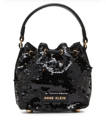 ANNE KLEIN Mini Bolso Cubo Negro Lentejuelas Bolsillo Interior Noche Evento Cartera Foto 1 de 4