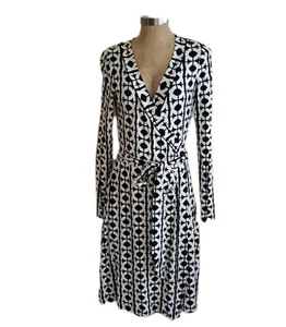BANANA REPUBLIC Wrap Dress Womens Size M Black White Geometric Long Sleeve - Picture 1 of 9