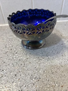 Celtic Silver Plated Cobalt Blue Footed Glass Preserves Bowl w/ Spoon - Picture 1 of 8