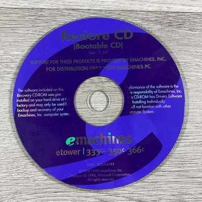 emachines etower 333cs 350c 366c Restore CD Bootable Recovery Disc ver. 1.17 - Image 1 of 2