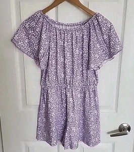 Girls LARGE 10/12 Purple Romper Flutter Sleeve Elastic Waist Purple White Floral - Picture 1 of 13