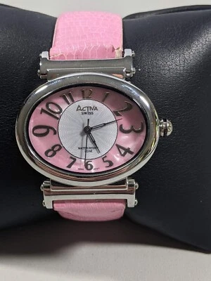 Activa Swiss Oval Silver Tone Case Pearlized Dial Pink Band Watch 9 Inch - Image 1 of 4