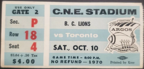 1970 British Columbia BC Lions vs Toronto Argonauts CFL Football Ticket Cover