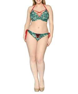COSTUME DA BAGNO CURVY KATE VERDE ROSSO PARADISO PALMA CRAVATTA LATERALE SLIP BIKINI FONDO MEDIO - Foto 1 di 7