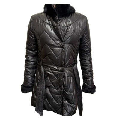 Via Spiga Mujer Larga Negra Bomber Chaqueta Talla Pequeña con Piel de Conejo Genuina Foto 1 de 4