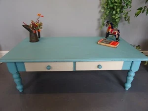 Vintage Shabby Chic Blue & Cream Coffee Table Pine Wood With 2 Draws - Picture 1 of 10