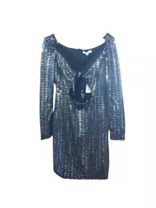 Paillettenkleid schwarz 8 UK Small S Emory Park Langarm Mini Twist Knoten vorne neu - Bild 1 von 9