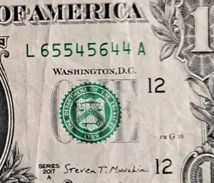 Fancy Serial Number $1 Bill Series 2017A~65545644~(Trinary Ladder 6-5-4 w/Trips) - Picture 1 of 3