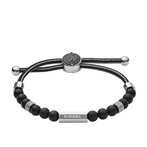 Diesel All-Gender Stainless Steel and Beaded Bracelet, Color: Silver Logo/Black - Picture 1 of 3